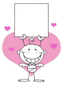 acclaim clipart: pink hearts behind a black and white cupid with a blank valentine