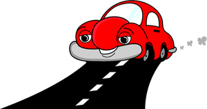 red cartoon car driving down the road or highway