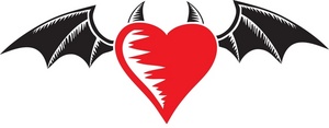 red heart with black bat wings and devil horns  on the wings of love