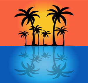 silhouette of palm trees on a tropical island at sunset with the palm trees reflecting off the calm ocean waters