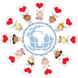 acclaim clipart: smiling angels with red heart valentines standing around the globe