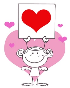 acclaim clipart: smiling black and white angel with pink hearts holding a red heart valentine card