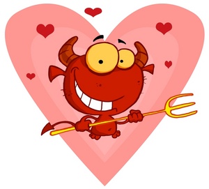 acclaim clipart: smiling devil with a pitchfork surrounded by hearts