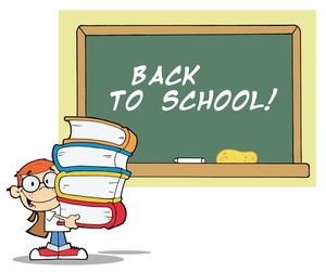 acclaim clipart: student carrying a pile of textbooks into a classroom with a chalkboard that says back to school