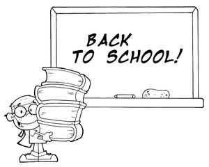acclaim clipart: student with a pile of school books in a classroom with a chalkboard that says back to school
