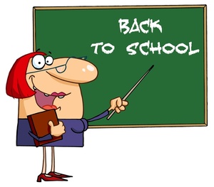acclaim clipart: teacher or professor in classroom ointing to back to school on chalkboard