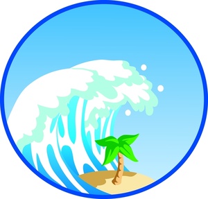 acclaim clipart: tidal wave or tsunami wave about to devastate a beach with a palm tree