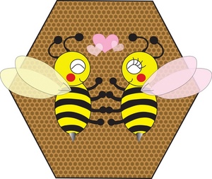 acclaim clipart: two cartoon honey bees in love with a honeycomb background