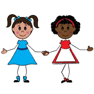 acclaim clipart: two little girl friends one black and one white holding hands